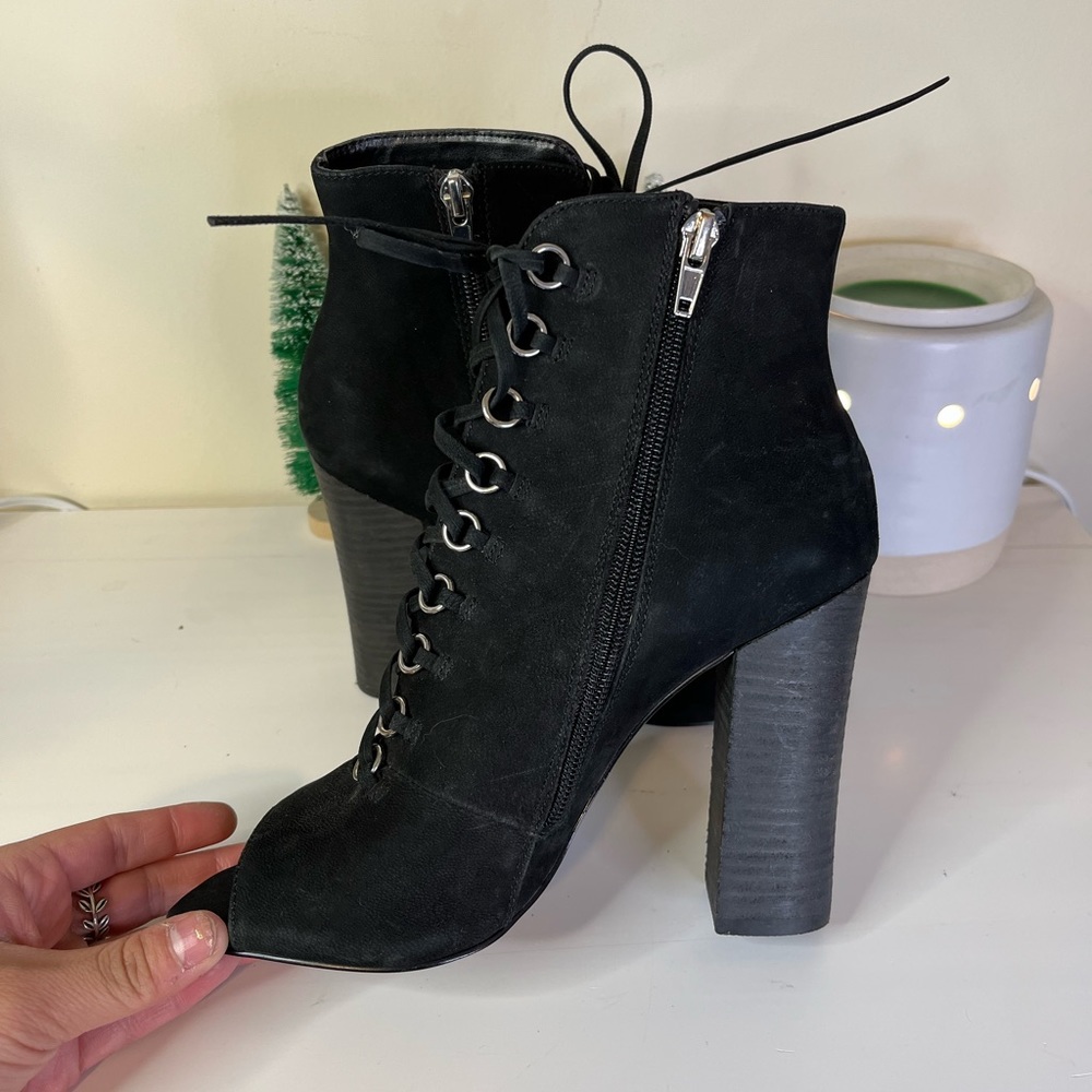 Steve Madden Freemee Black Nubuck Leather Peep-Toe Booties - Picture 2 of 8